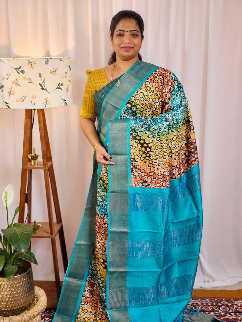 Pure Tussar Silk Saree with Zari Border - Multi Shade Blue