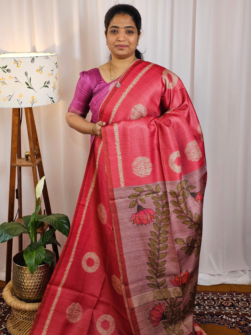 Casual Semi Tussar Checks Weave Saree - Peach
