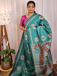 Casual Semi Tussar Checks Weave Saree - Sea Green