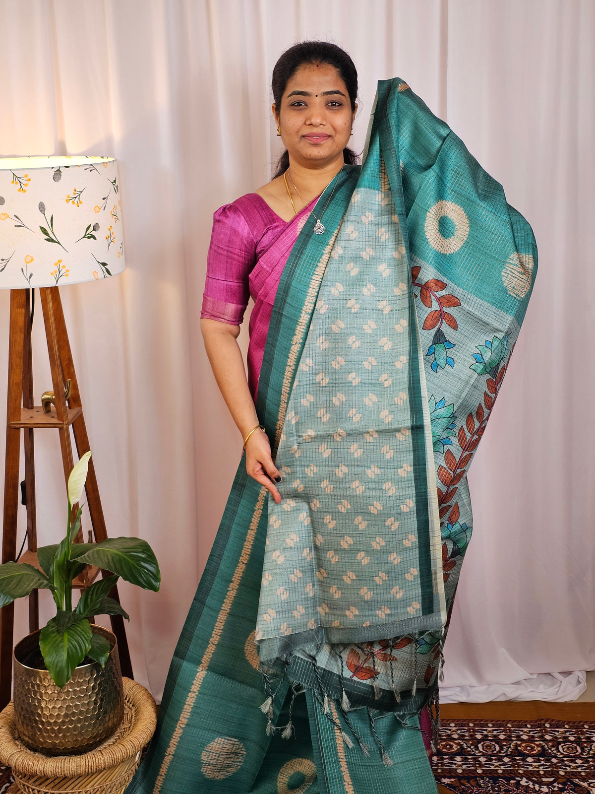 Casual Semi Tussar Checks Weave Saree - Sea Green