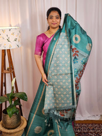 Casual Semi Tussar Checks Weave Saree - Sea Green