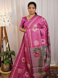Casual Semi Tussar Checks Weave Saree - Pink