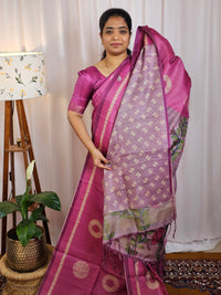 Casual Semi Tussar Checks Weave Saree - Pink