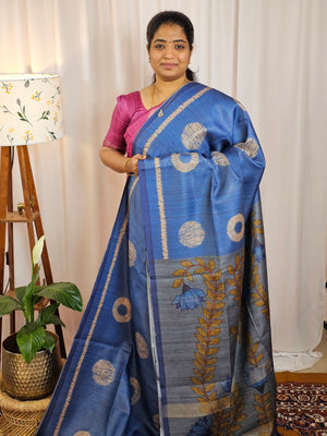 Casual Semi Tussar Checks Weave Saree - Blue