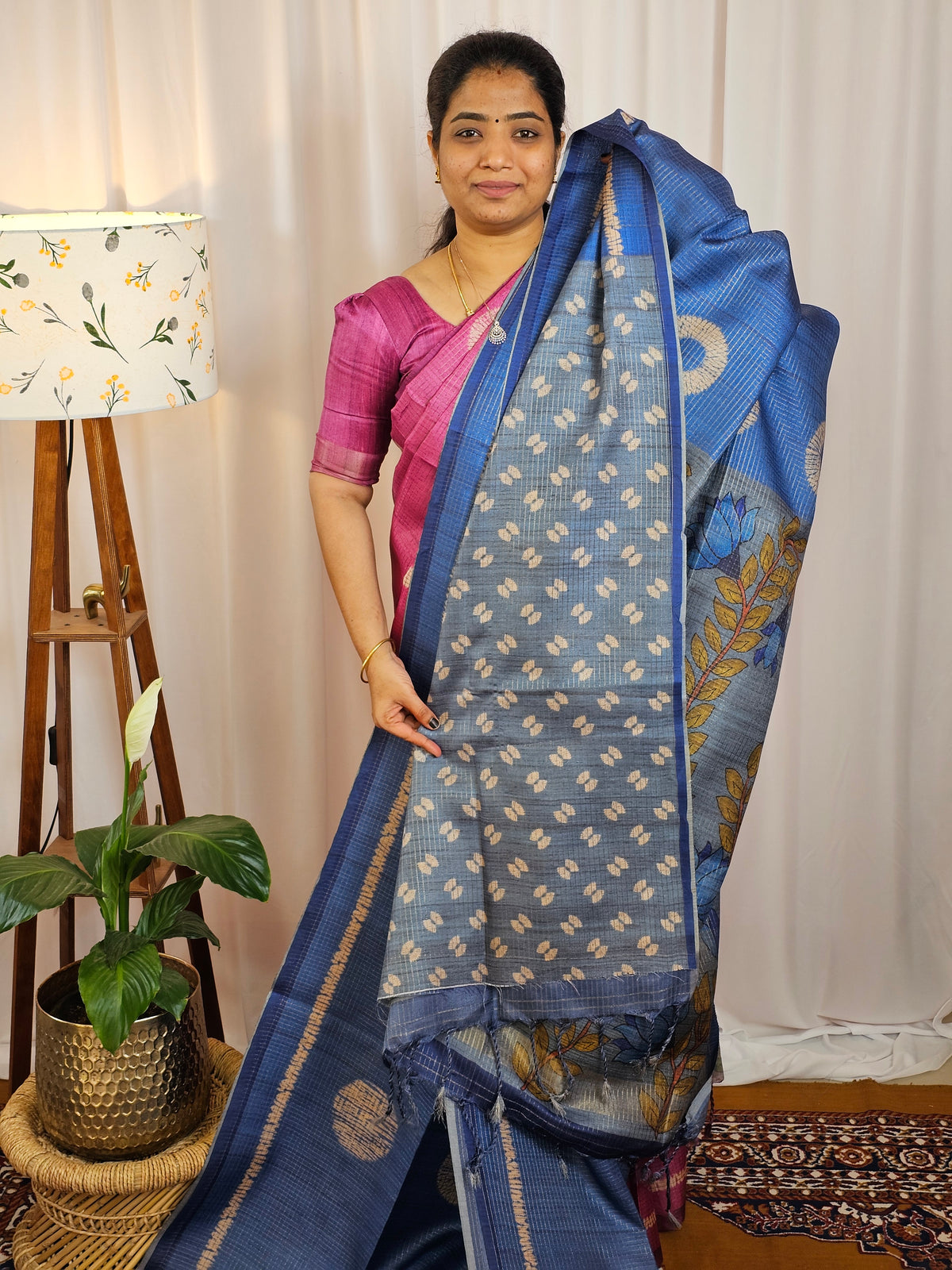 Casual Semi Tussar Checks Weave Saree - Blue