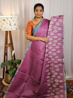 Casual Semi Tussar Checks Weave Saree - Pink with Blue