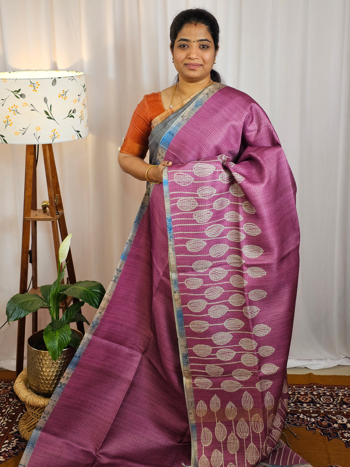 Casual Semi Tussar Checks Weave Saree - Pink with Blue