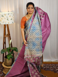 Casual Semi Tussar Checks Weave Saree - Pink with Blue