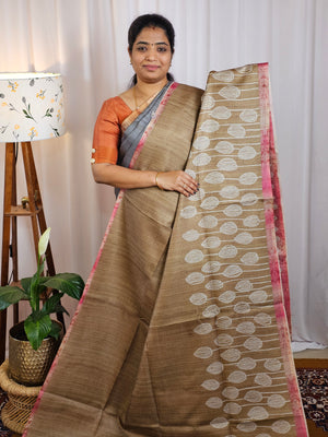 Casual Semi Tussar Checks Weave Saree - Mehndi Green with Pink