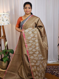 Casual Semi Tussar Checks Weave Saree - Mehndi Green with Pink