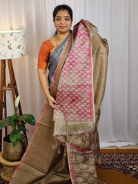 Casual Semi Tussar Checks Weave Saree - Mehndi Green with Pink