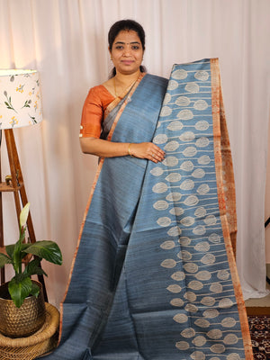 Casual Semi Tussar Checks Weave Saree - Blue with Brown