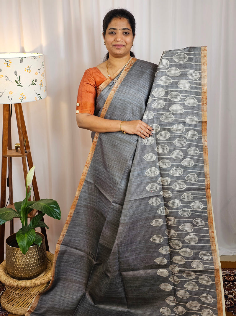 Semi Tussar Checks Weave Saree - Grey with Brown