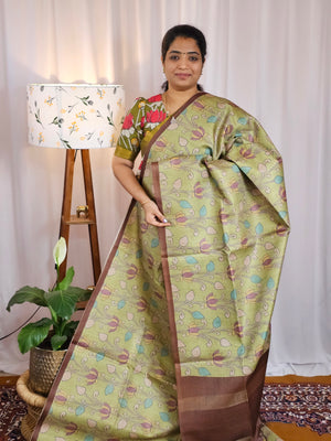 Casual Semi Tussar Checks Weave Saree - Parrot Green with Brown