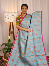 Casual Semi Tussar Checks Weave Saree - Sky Blue with Pink