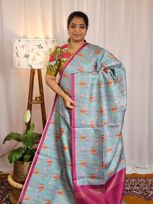 Casual Semi Tussar Checks Weave Saree - Sky Blue with Pink