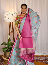 Casual Semi Tussar Checks Weave Saree - Sky Blue with Pink