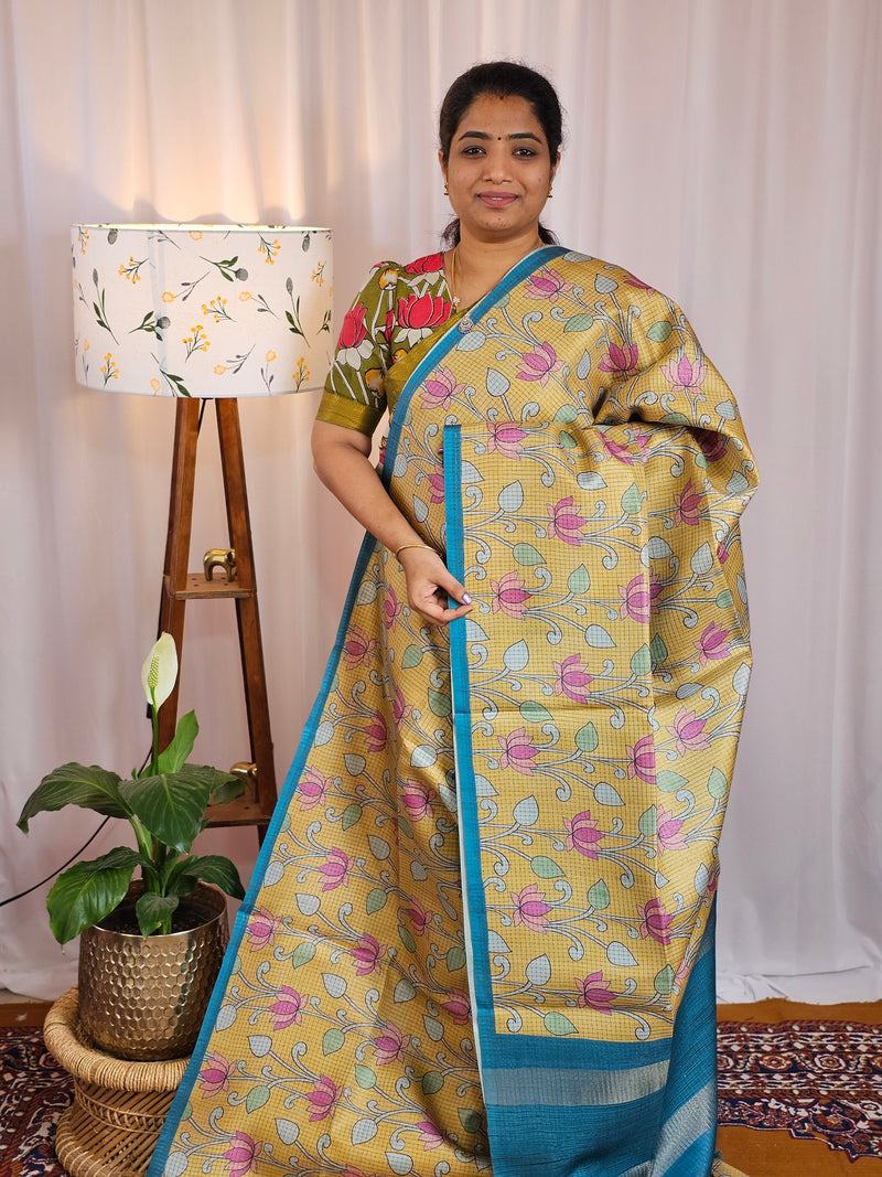 Casual Semi Tussar Checks Weave Saree - Mustard Yellow with Peacock Blue