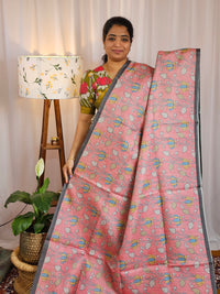 Casual Semi Tussar Checks Weave Saree - Peach with Grey