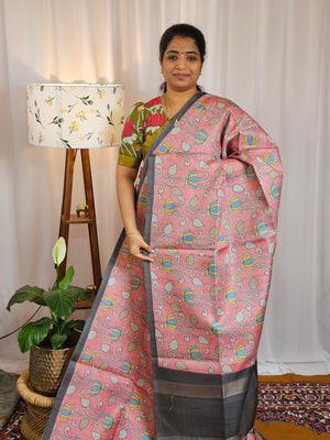 Casual Semi Tussar Checks Weave Saree - Peach with Grey