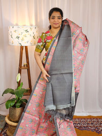 Casual Semi Tussar Checks Weave Saree - Peach with Grey