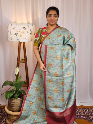 Casual Semi Tussar Checks Weave Saree - Pastel Green with Maroon