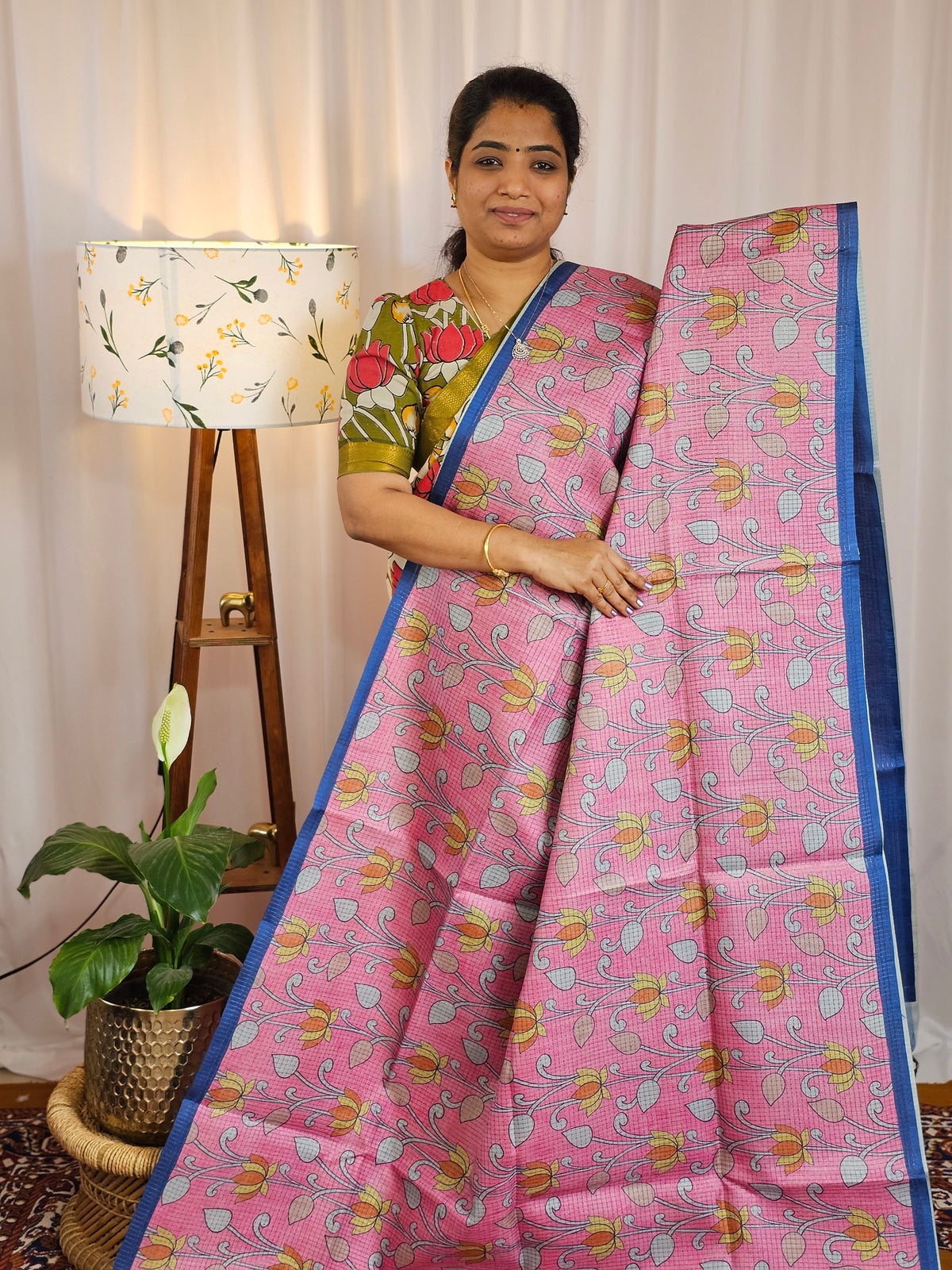 Casual Semi Tussar Checks Weave Saree - Pink with Blue