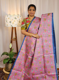 Casual Semi Tussar Checks Weave Saree - Pink with Blue