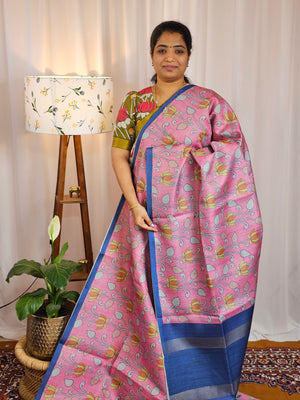 Casual Semi Tussar Checks Weave Saree - Pink with Blue
