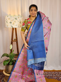 Casual Semi Tussar Checks Weave Saree - Pink with Blue