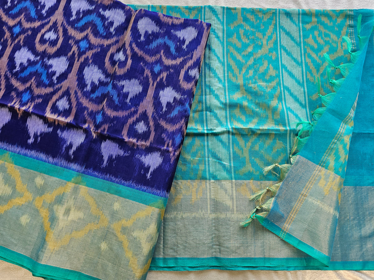 Royal Blue with Sky Blue  Pochampally Ikkat Silk Cotton (SICO Pattu)