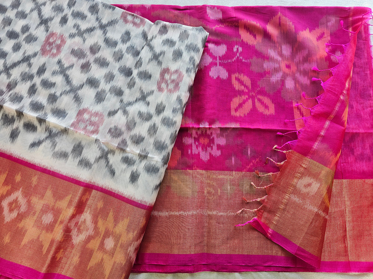 Off-White with Pink Pochampally Ikkat Silk Cotton (SICO Pattu)