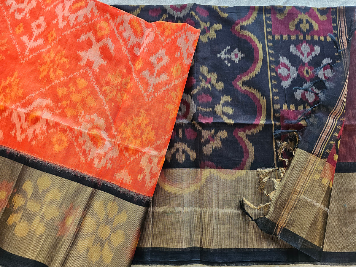 Orange with Black Pochampally Ikkat Silk Cotton (SICO Pattu)