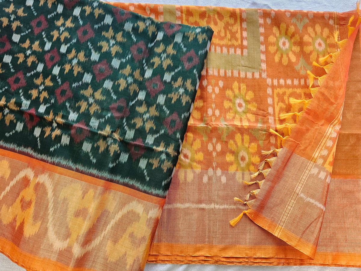 Dark Green with Mustard Orange Pochampally Ikkat Silk Cotton (SICO Pattu)