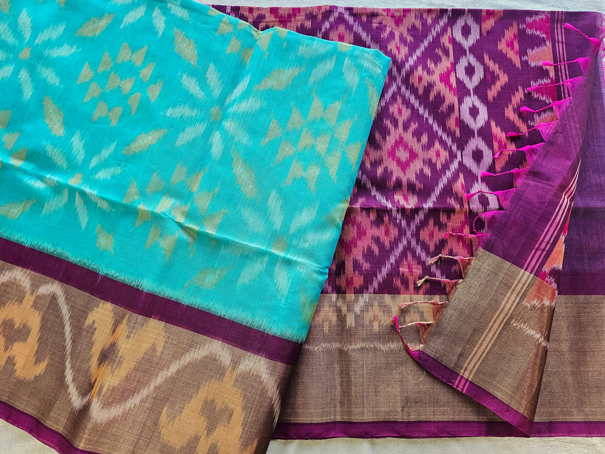 Blue with Purple Pochampally Ikkat Silk Cotton (SICO Pattu)