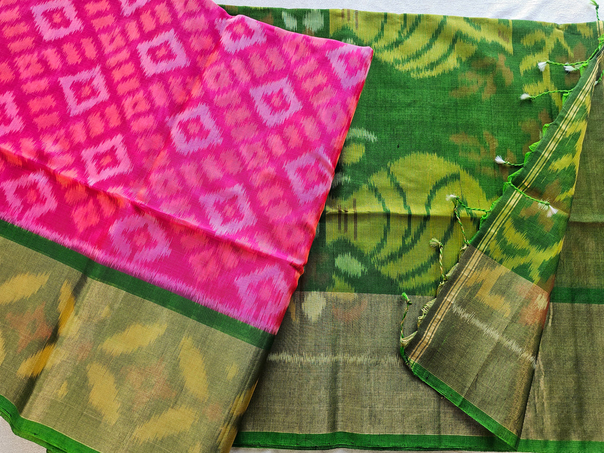Pink with Green Pochampally Ikkat Silk Cotton (SICO Pattu)