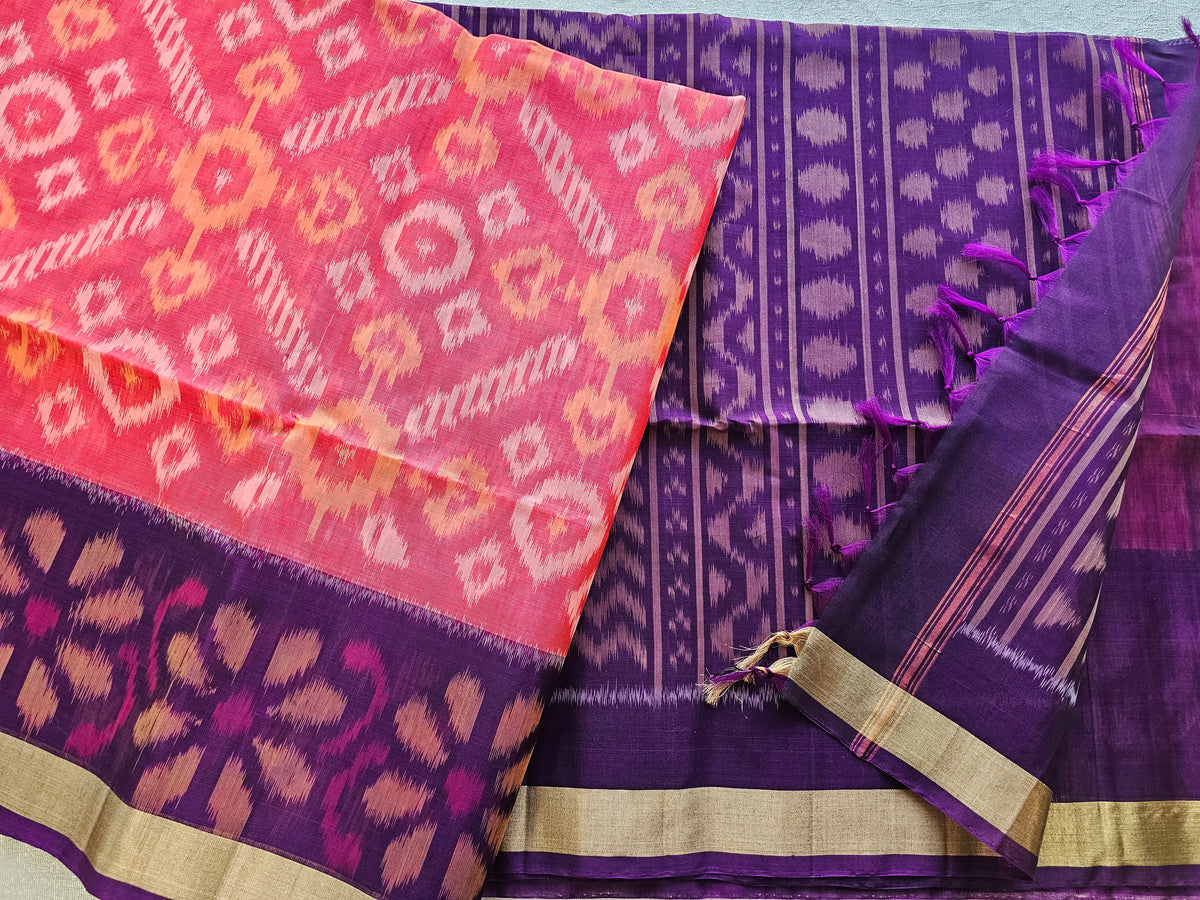 Peach with Purple Pochampally Ikkat Silk Cotton (SICO Pattu)