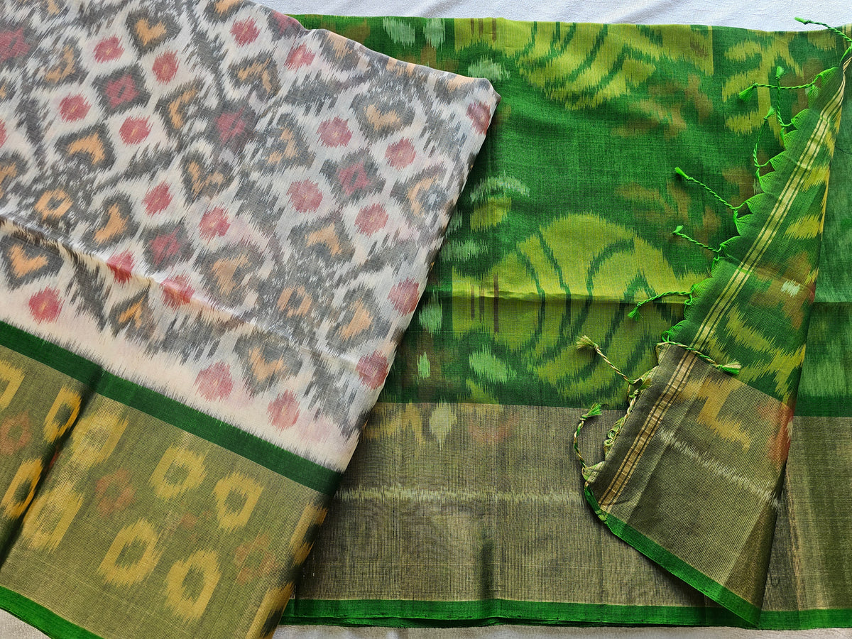 Cream with Green Pochampally Ikkat Silk Cotton (SICO Pattu)