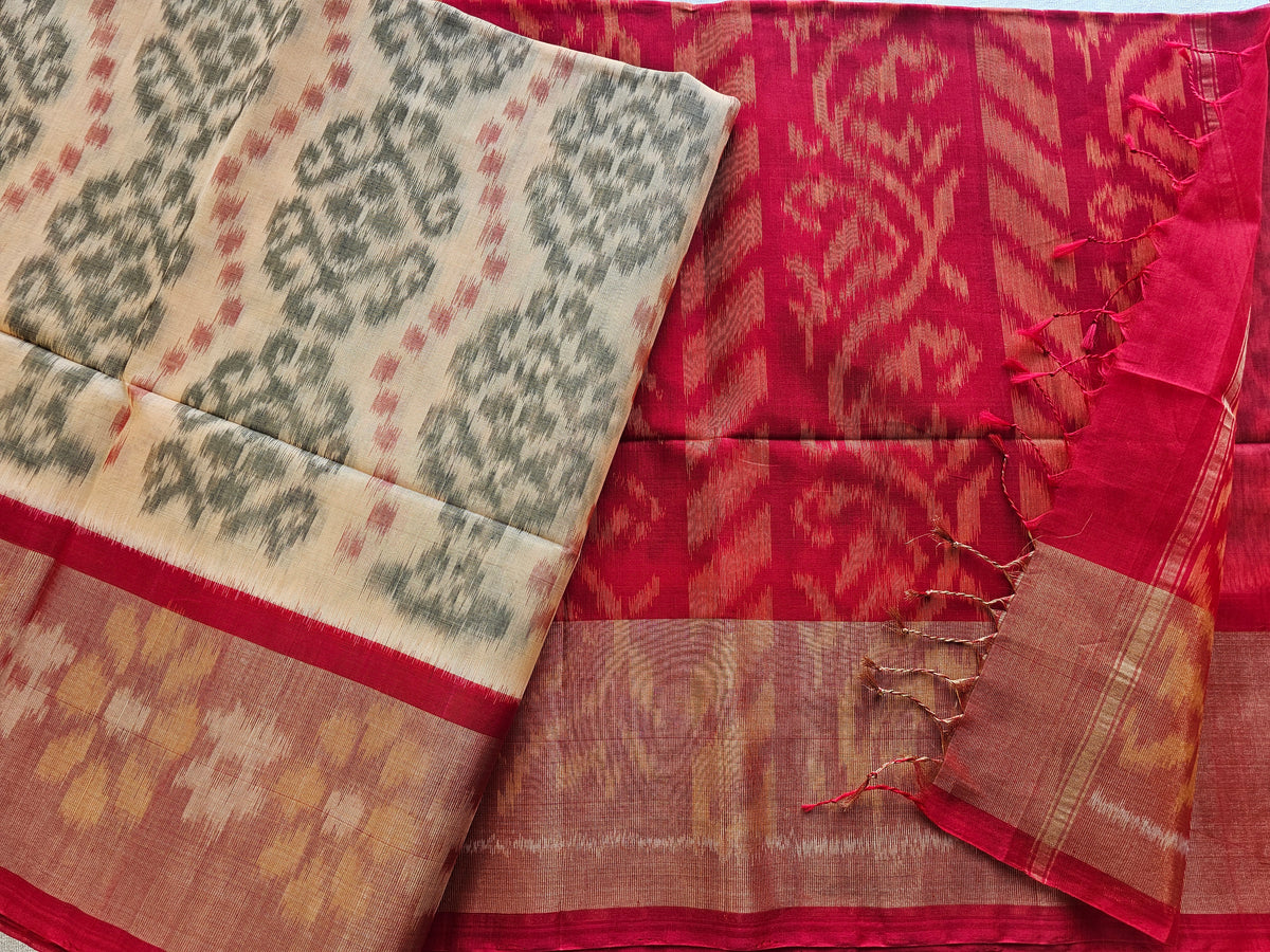 Cream with Red Pochampally Ikkat Silk Cotton (SICO Pattu)