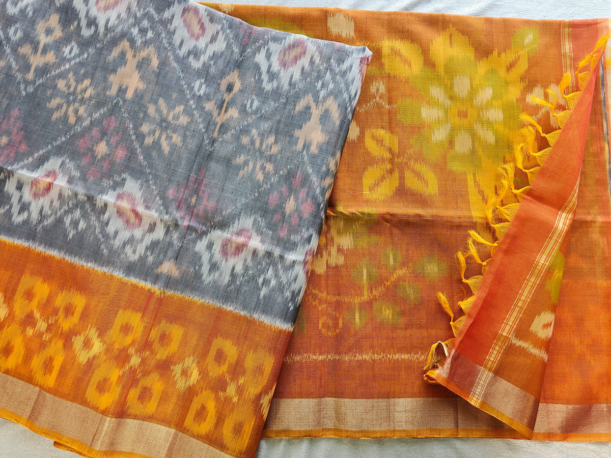 Grey with Mustard Yellow Pochampally Ikkat Silk Cotton (SICO Pattu)