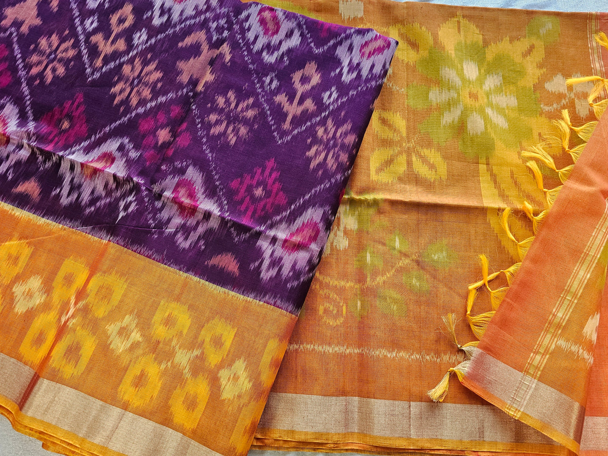 Purple with Mustard Orange Pochampally Ikkat Silk Cotton (SICO Pattu)