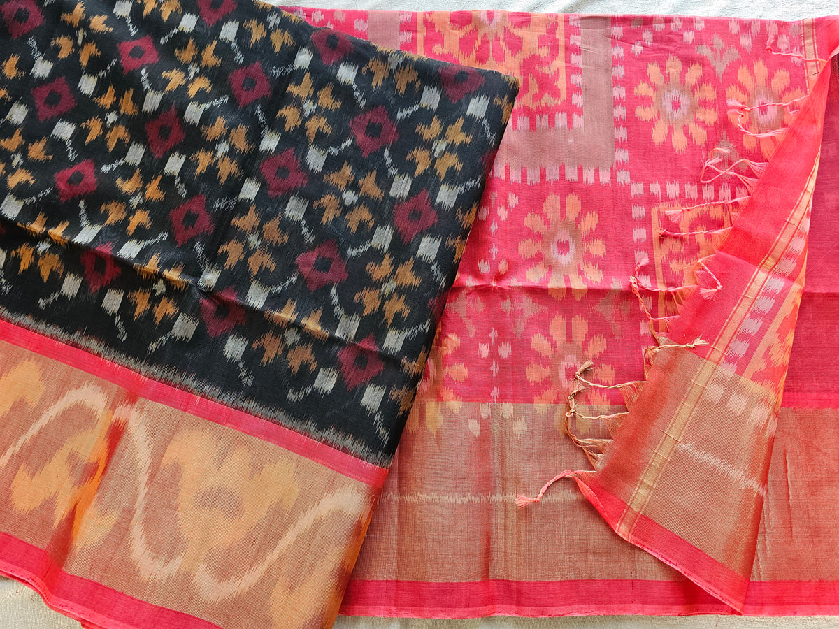Black with Peach Pochampally Ikkat Silk Cotton (SICO Pattu)