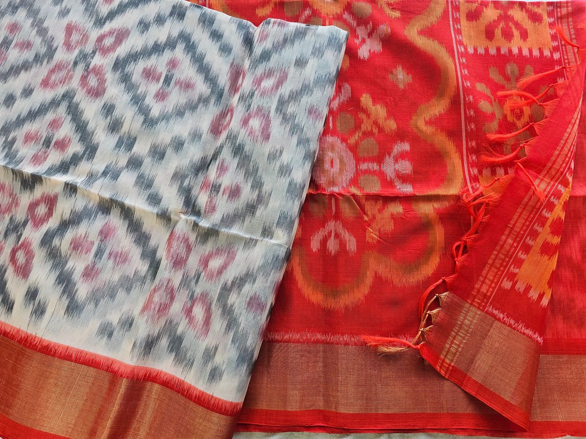 Off-White with Orange Pochampally Ikkat Silk Cotton (SICO Pattu)