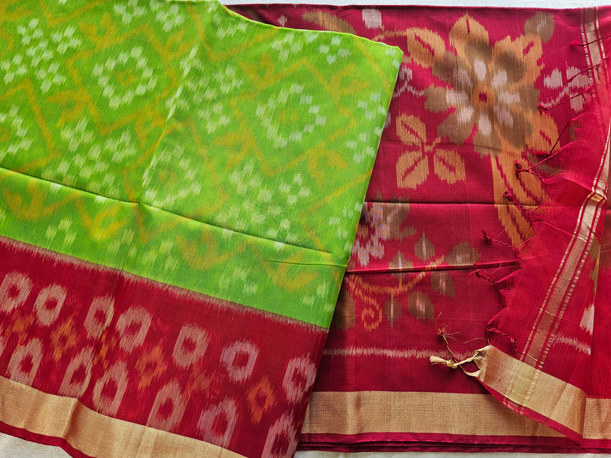 Green with Red Pochampally Ikkat Silk Cotton (SICO Pattu)