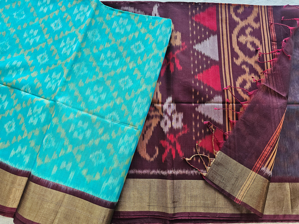 Blue with Dark Brown Pochampally Ikkat Silk Cotton (SICO Pattu)