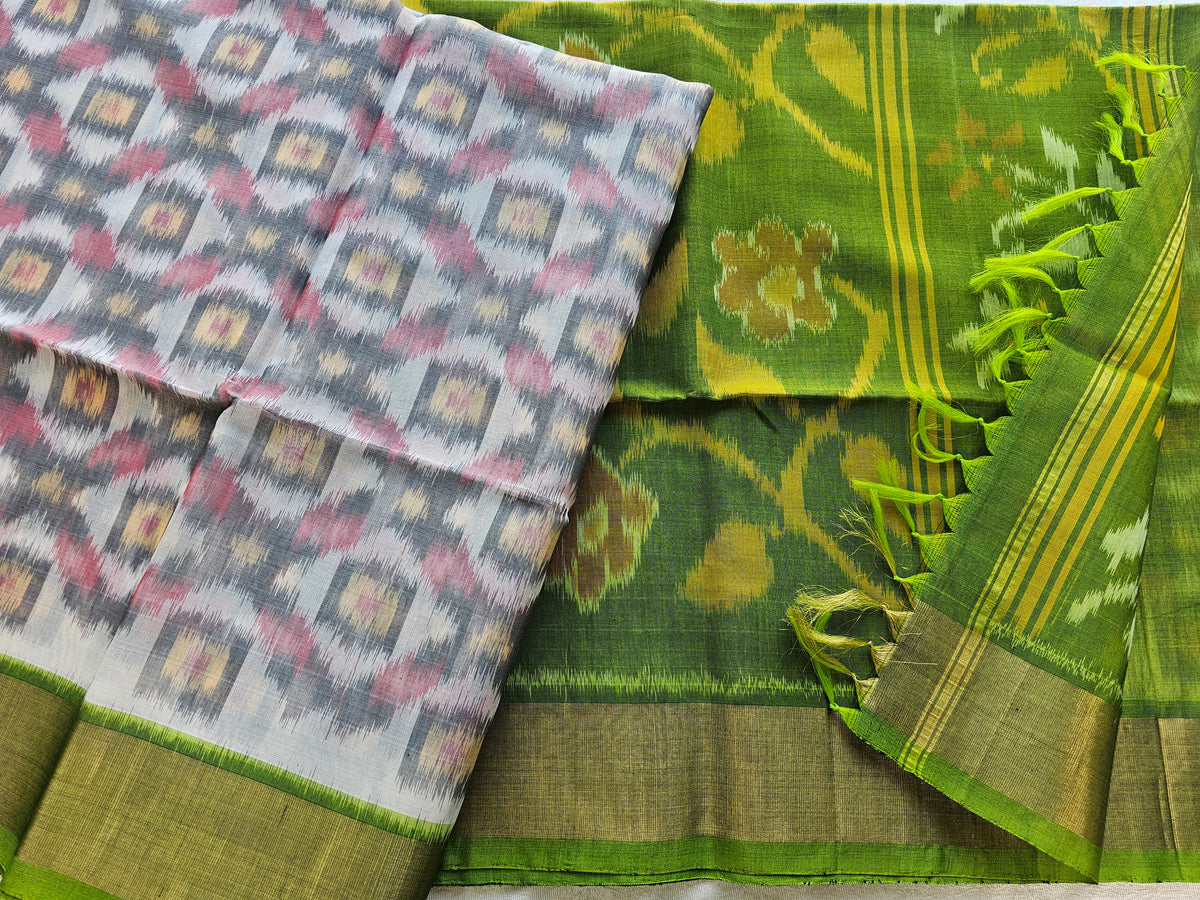 Off-white with Green Pochampally Ikkat Silk Cotton (SICO Pattu)