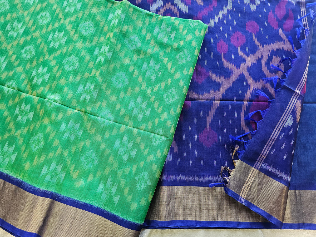 Green with Blue Pochampally Ikkat Silk Cotton (SICO Pattu)