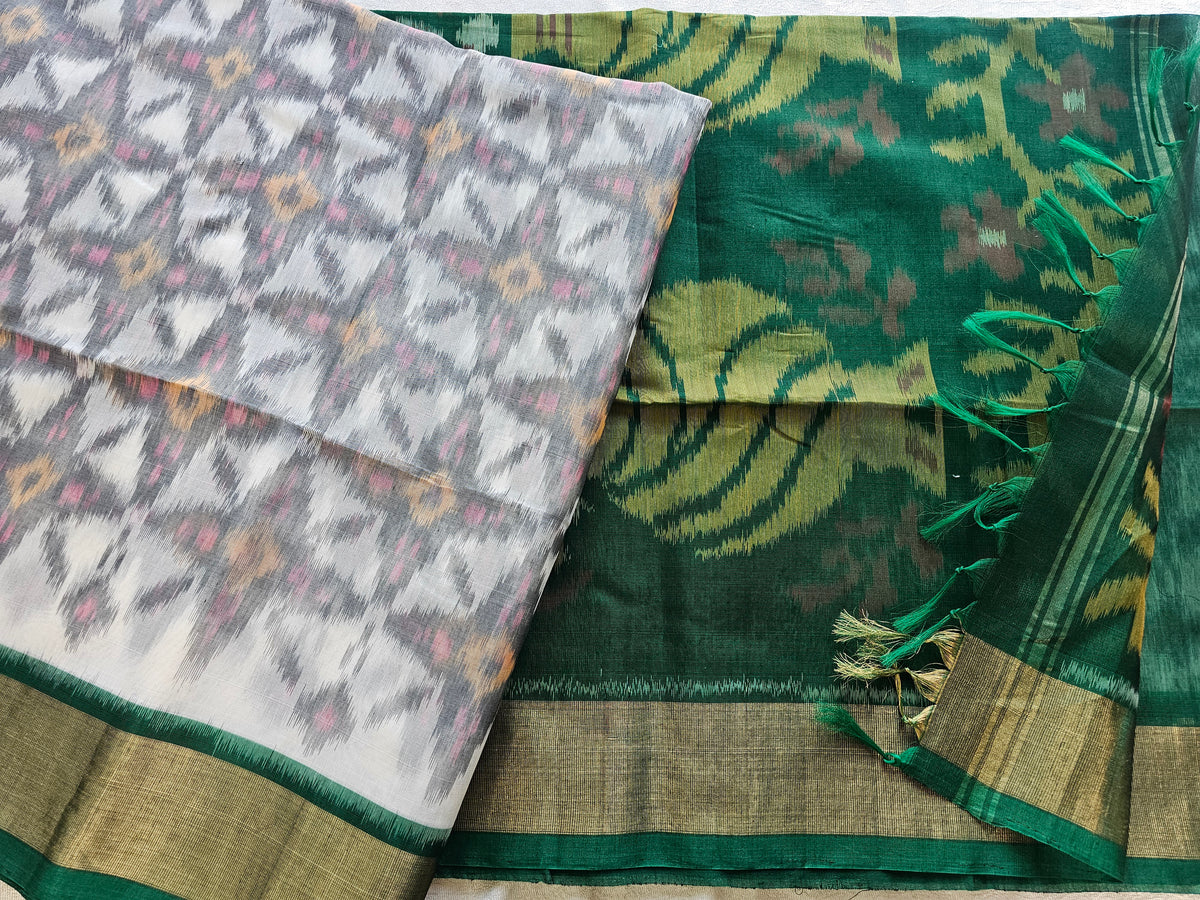 Off-white with Green Pochampally Ikkat Silk Cotton (SICO Pattu)