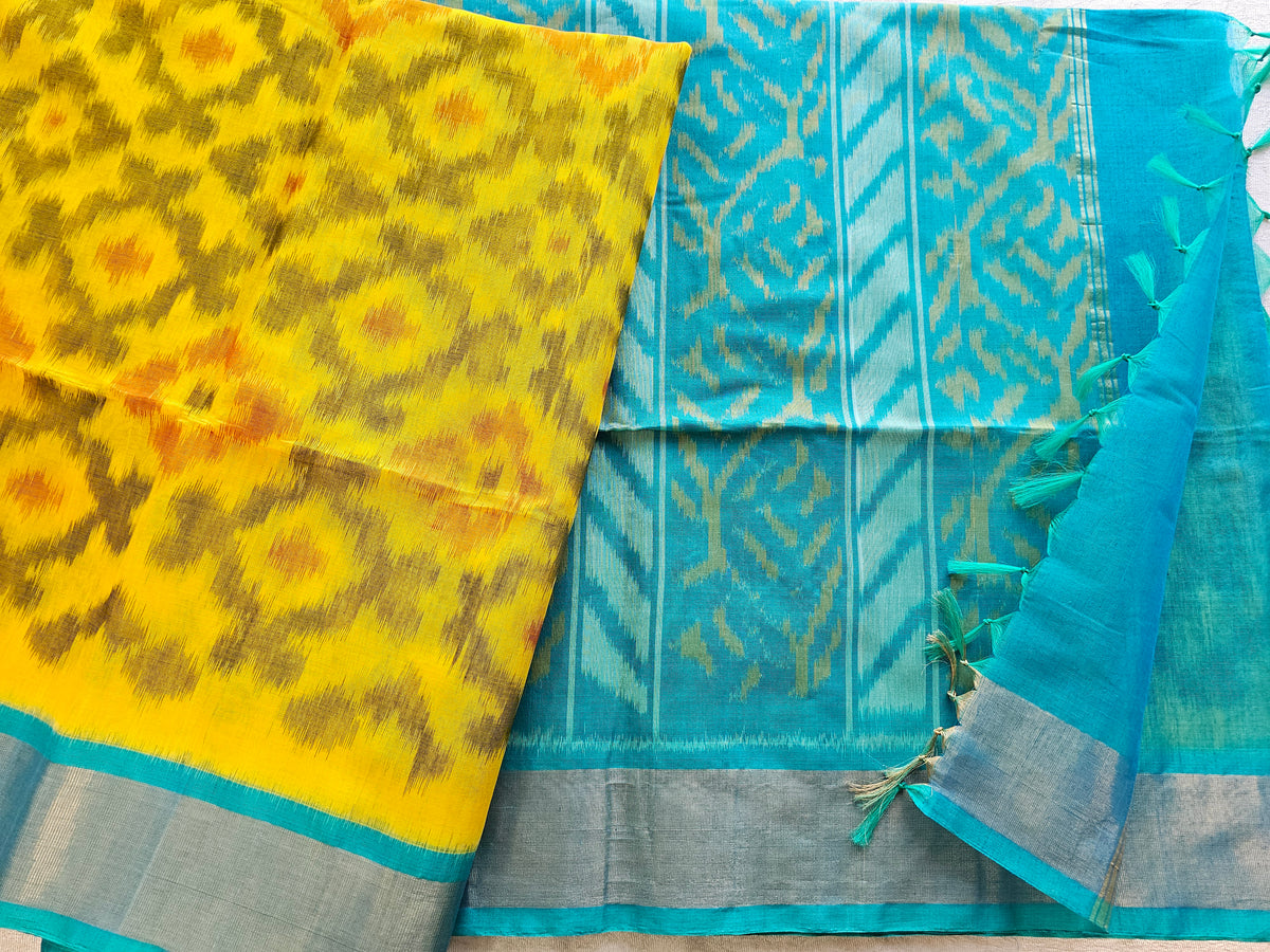 Yellow with Blue Pochampally Ikkat Silk Cotton (SICO Pattu)