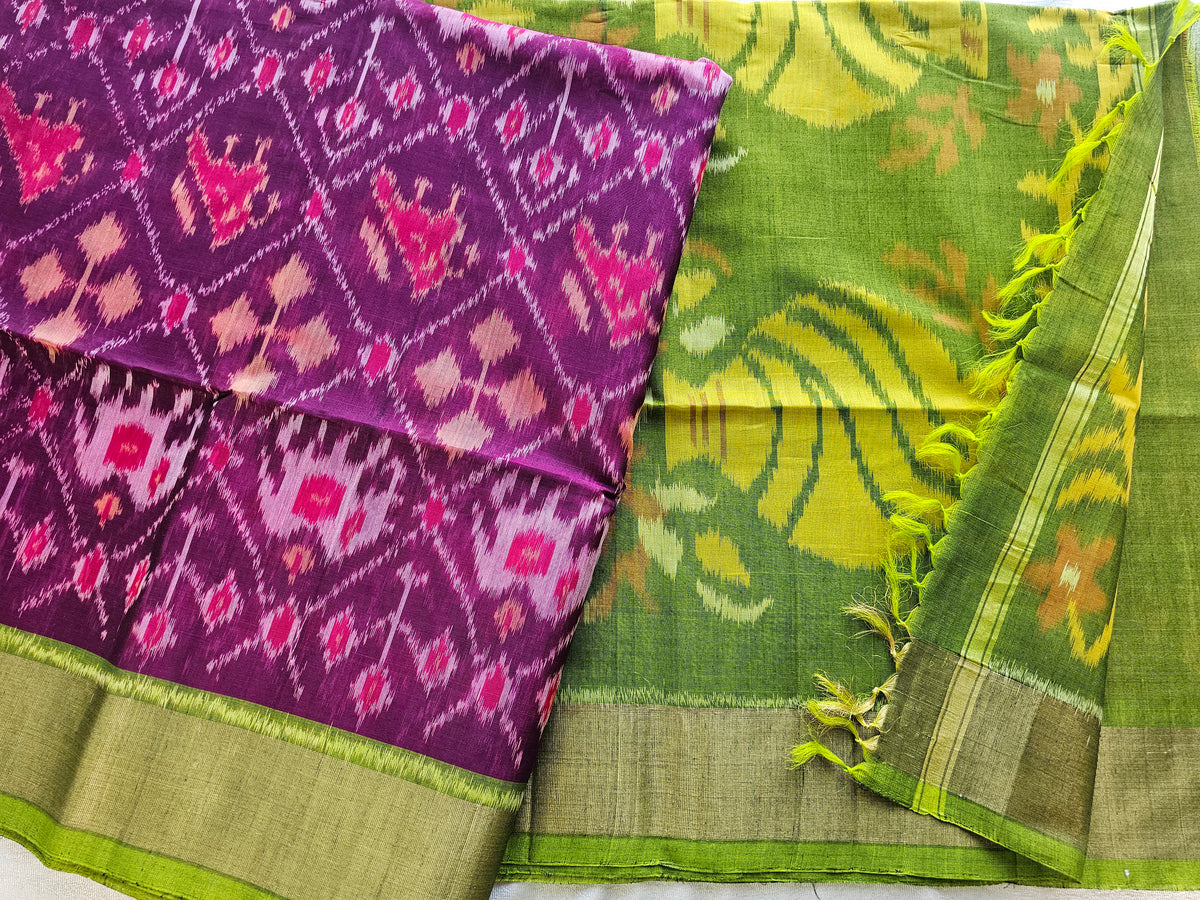 Purple with Green Pochampally Ikkat Silk Cotton (SICO Pattu)